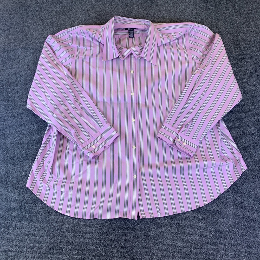 Chaps Shirt Women 3X Purple Striped Cotton Collared Button Classics Fit No Iron
